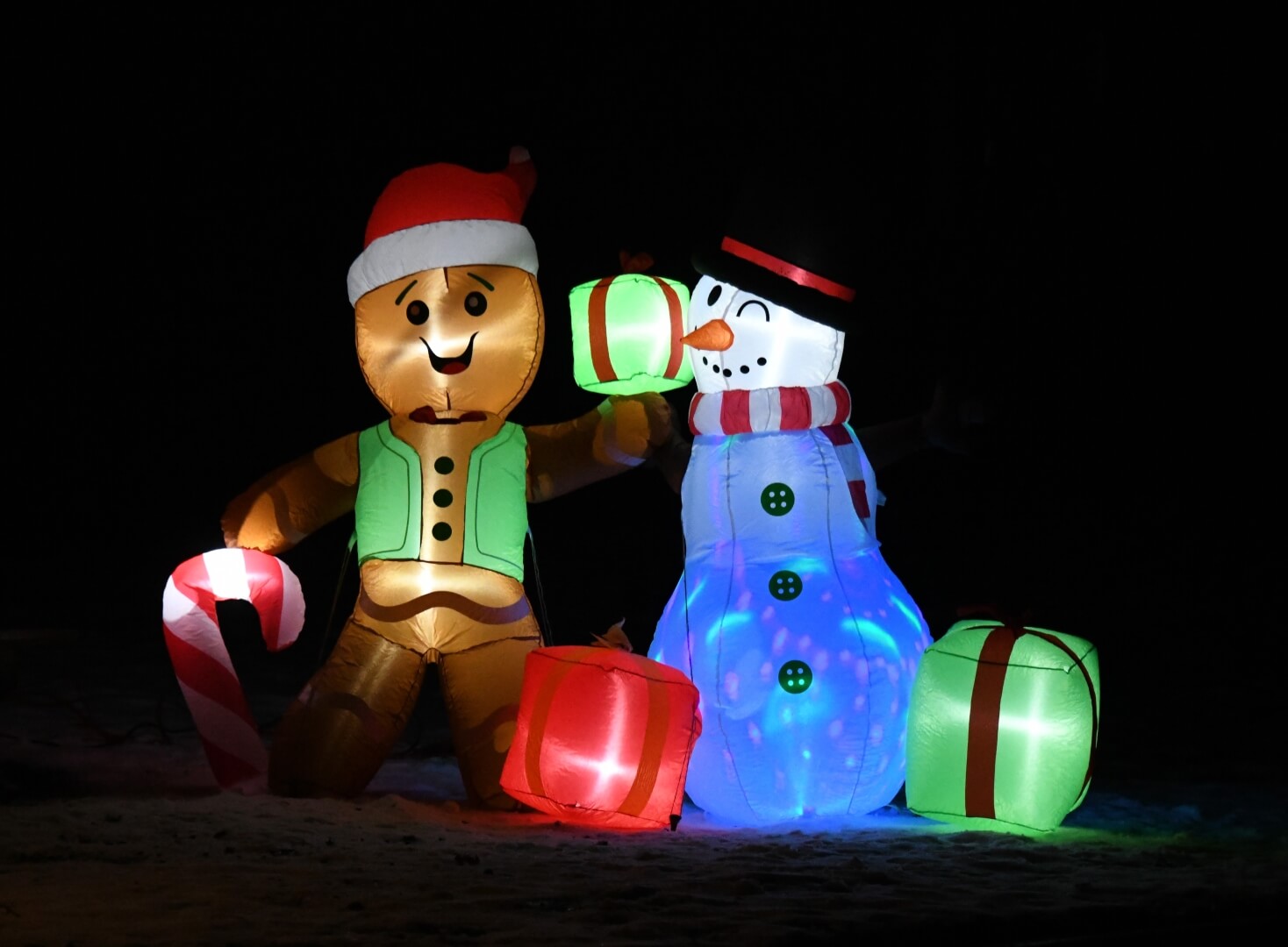 inflatable christmas decor along the train route